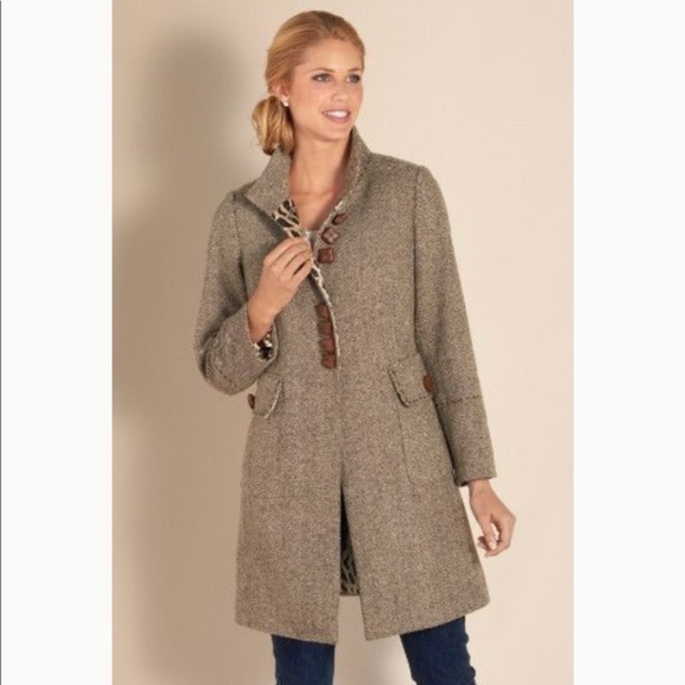 Soft Surroundings Taupe Tweed Long Coat with Brown Trim